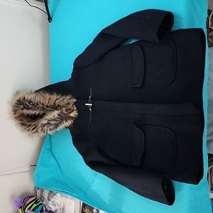 Zara Kids Wool Faux Fur Trim Hooded Coat Jacket Size 11/12
